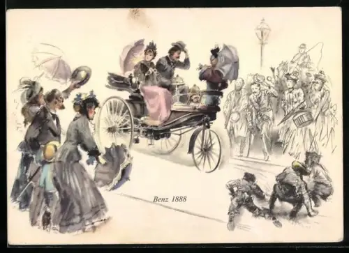 Künstler-AK Leute bejubeln die Ankunft des Benz-Motorwagens 1888