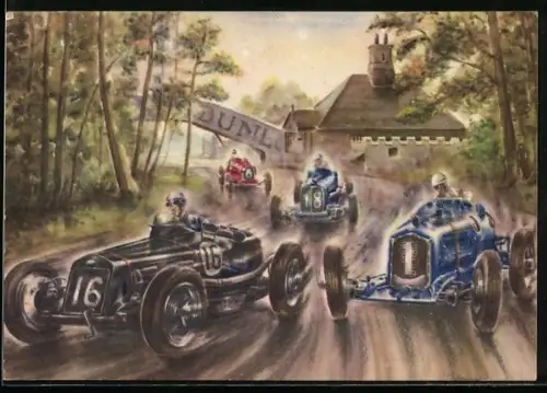 Künstler-AK Piet Olyslager: Zes Jaar Grand Prix, Junior Car Club 200 miles race, 1936, Autorennen