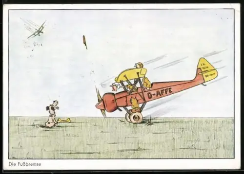 Künstler-AK Flugzeug mit Fussbremse
