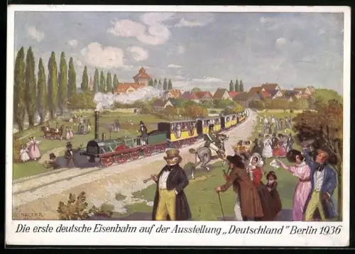 AK 100 Jahre Deutsche Eisenbahnen 1935, Erster Dampfwagen zwischen Nürnberg und Fürth