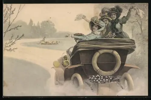 Künstler-AK Frauen grüssen aus einem Auto