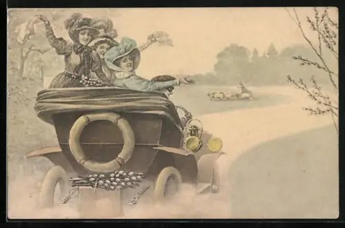Künstler-AK Frauen grüssen aus einem Auto