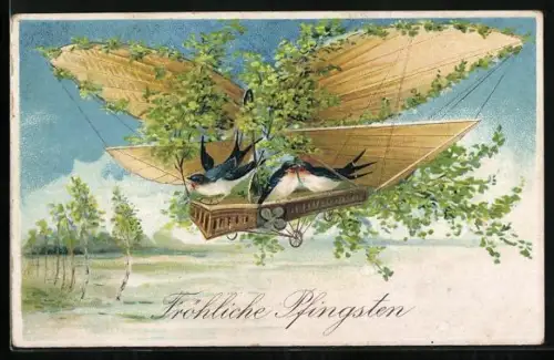 AK Vögel auf einem Flugzeug, Pfingstgruss