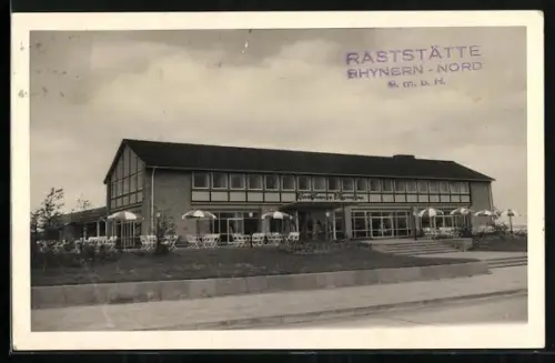 AK Raststätte Rhynern-Nord mit Sonnenschirmen