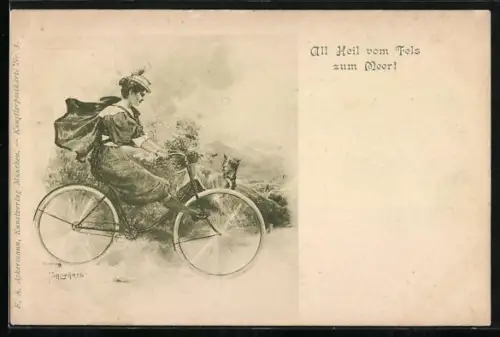 Künstler-AK Dame auf einem Fahrrad
