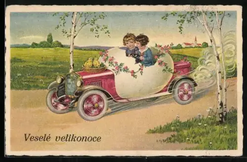 AK Kinder in einem Osterei-Auto