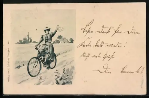 AK Dame winkt vom Fahrrad