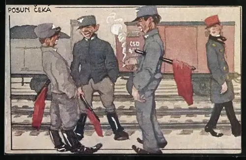 Künstler-AK Eisenbahn-Arbeiter unterhalten sich lachend