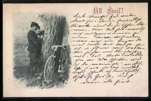 AK Fahrrad an einem Baum mit Liebespaar