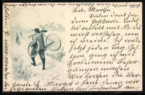 AK Mann trägt sein Fahrrad