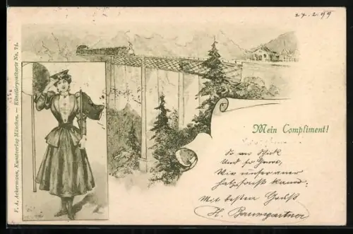 AK Schaffnerin, Eisenbahn auf Brücke