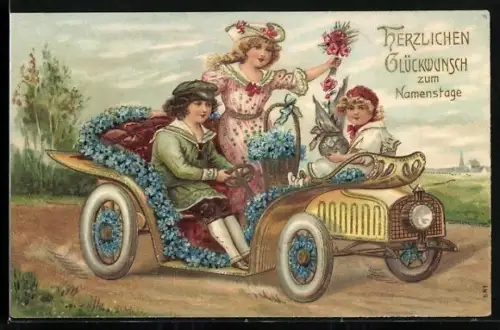 AK Junger Mann und zwei Damen mit Blumen im Auto