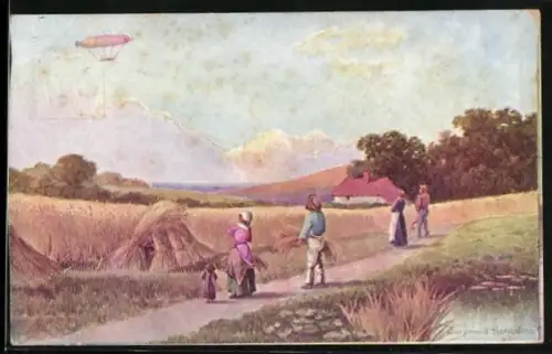 Künstler-AK Zeppelin über einem Feld