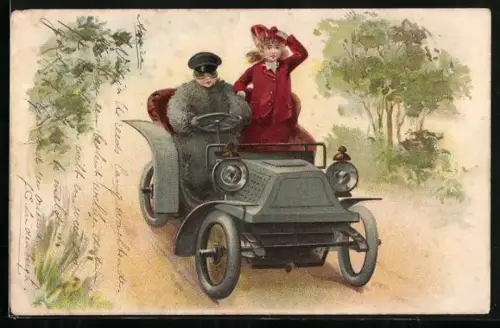 AK Paar fährt mit dem Auto auf der Landstrasse