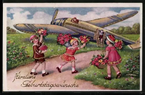 AK Kinder besteigen ein Flugzeug