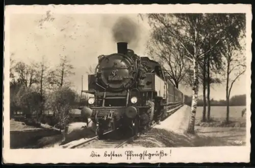 AK Pfingstgruss, Lokomotive der Baureihe 64 in Fahrt