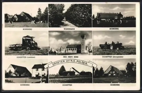 AK N.O. Polder, Boerderij, Wandelbos, Oogsttijd, Herv. Kerk
