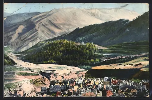 AK Chamil /Kaukasus, Ortsansicht mit Ruinen und Bergpanorama