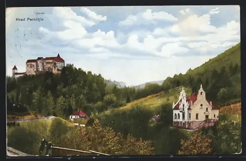 AK Pernstyn, Hrad Pernstyn, Burg und Haus mit Ziergiebeln
