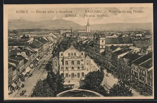 AK Kaschau, Hauptstrasse mit Theater aus der Vogelschau