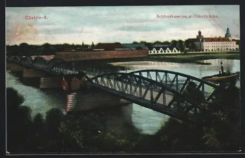 AK Cüstrin-A., Schlosskaserne und Oderbrücke aus der Vogelschau