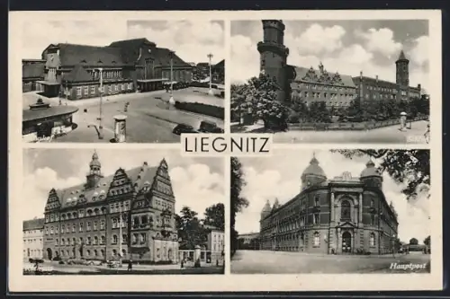 AK Liegnitz, Bahnhof, Hauptpost, Schloss, Rathaus