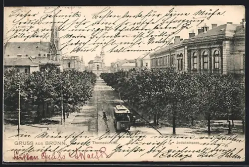 AK Brünn, Thomaskirche und Strassenbahn