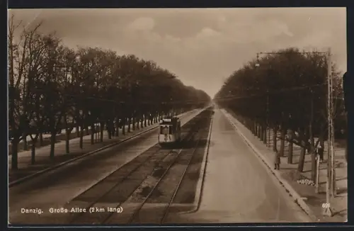 AK Danzig / Gdansk, Grosse Allee mit Strassenbahn