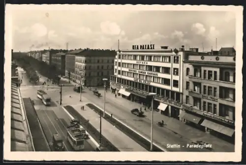 AK Stettin, Paradeplatz mit Strassenbahn