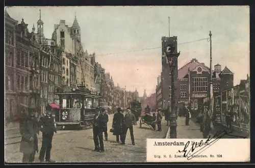 AK Amsterdam, Damrak, Strassenbahn