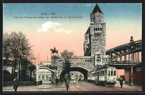 AK Köln a. Rh., Partie der Hohenzollernbrücke mit Abfahrtstelle der Rheinuferbahn, Strassenbahn