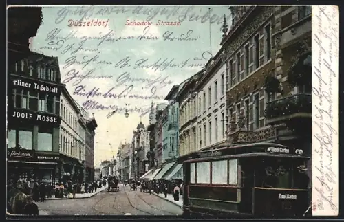 AK Düsseldorf, Haus des Berliner Tageblatt in der Schadow-Strasse mit Strassenbahn