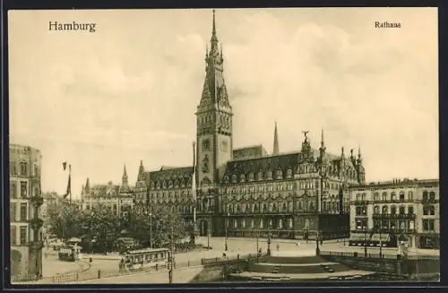 AK Hamburg, Rathaus aus der Vogelschau, Strassenbahn