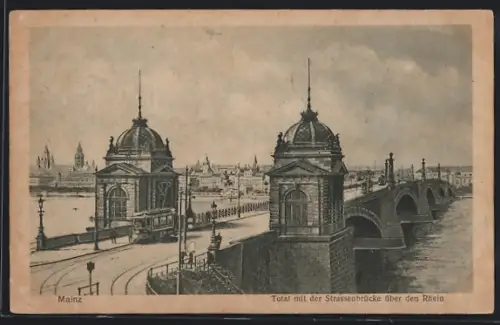 AK Mainz, Totalansicht und Strassenbrücke über den Rhein mit Strassenbahn