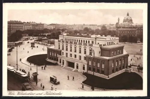 AK Wien, Verkehrsbüro und Karlskirche mit Strassenbahn