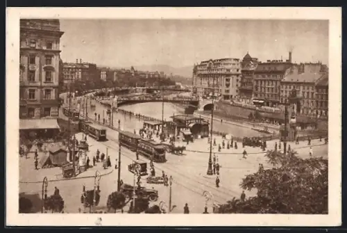 AK Wien, Kai mit Ferdinandsbrücke und Strassenbahn