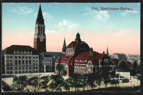 AK Kiel, Stadttheater und Rathaus, Strassenbahn