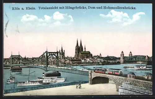 AK Köln a. Rhein, Totalansicht mit Hängebrücke, Dom und Hohenzollernbrücke, Strassenbahn