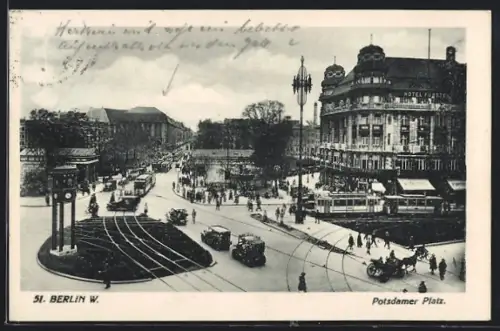 AK Berlin, Potsdamer Platz mit Strassenbahn