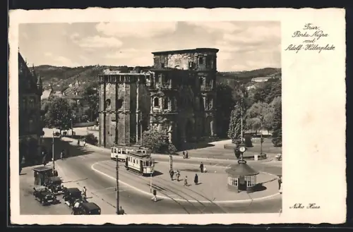 AK Trier, Porta Nigra und platz mit Strassenbahn