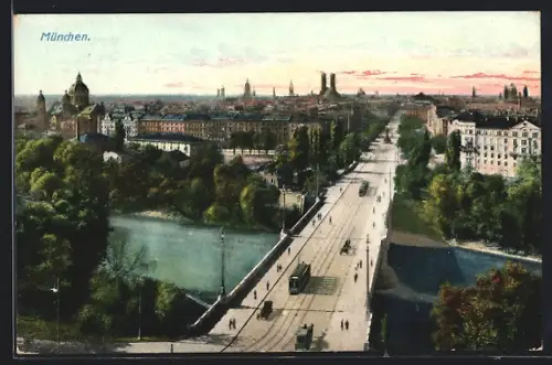 AK München, Brücke mit Strassenbahn
