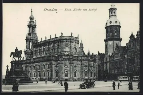 AK Dresden, Katholische Kirche mit Schloss und Strassenbahn