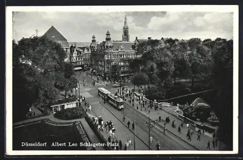 AK Düsseldorf, Albert-Leo-Schlageter-Platz mit Geschäften und Strassenbahn