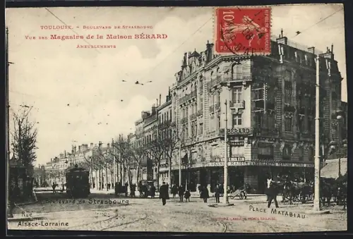 AK Toulouse, Boulevard de Strasbourg, Vue des Magasins de la Maison Bérard, Strassenbahn