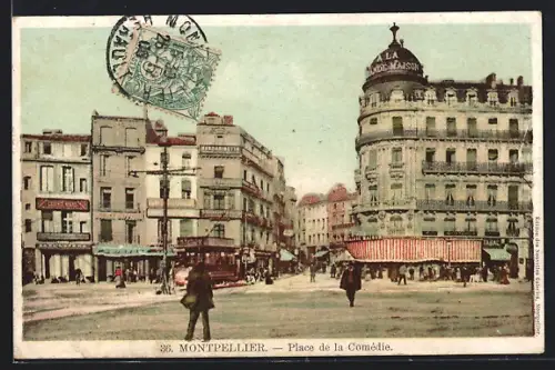 AK Montpellier, Place de la Comédie, Strassenbahn