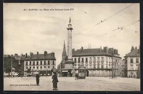 AK Nantes, La Place et la Colonne Louis XVI, Strassenbahn