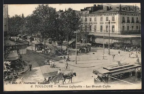 AK Toulouse, Avenue Lafayette, Les Grands Cafés, Strassenbahn