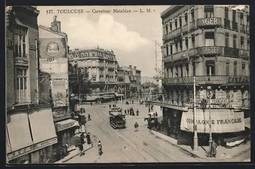 AK Toulouse, Carrefour Matabiau, Strassenbahn