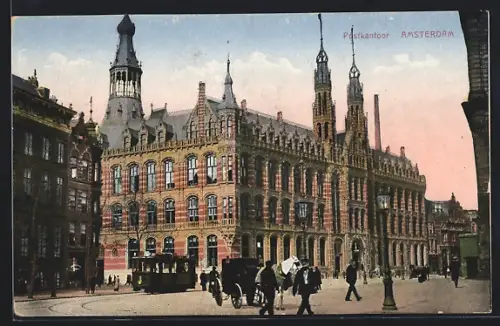 AK Amsterdam, Postkantoor, Strassenbahn