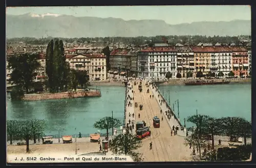 AK Genève, Pont et Quai du Mont Blanc, Strassenbahn